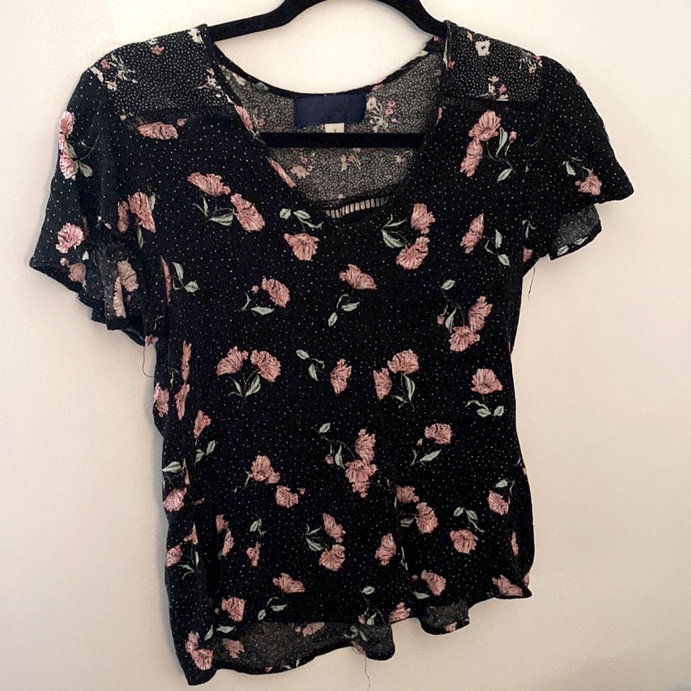 Short sleeve black blouse with pink floral design